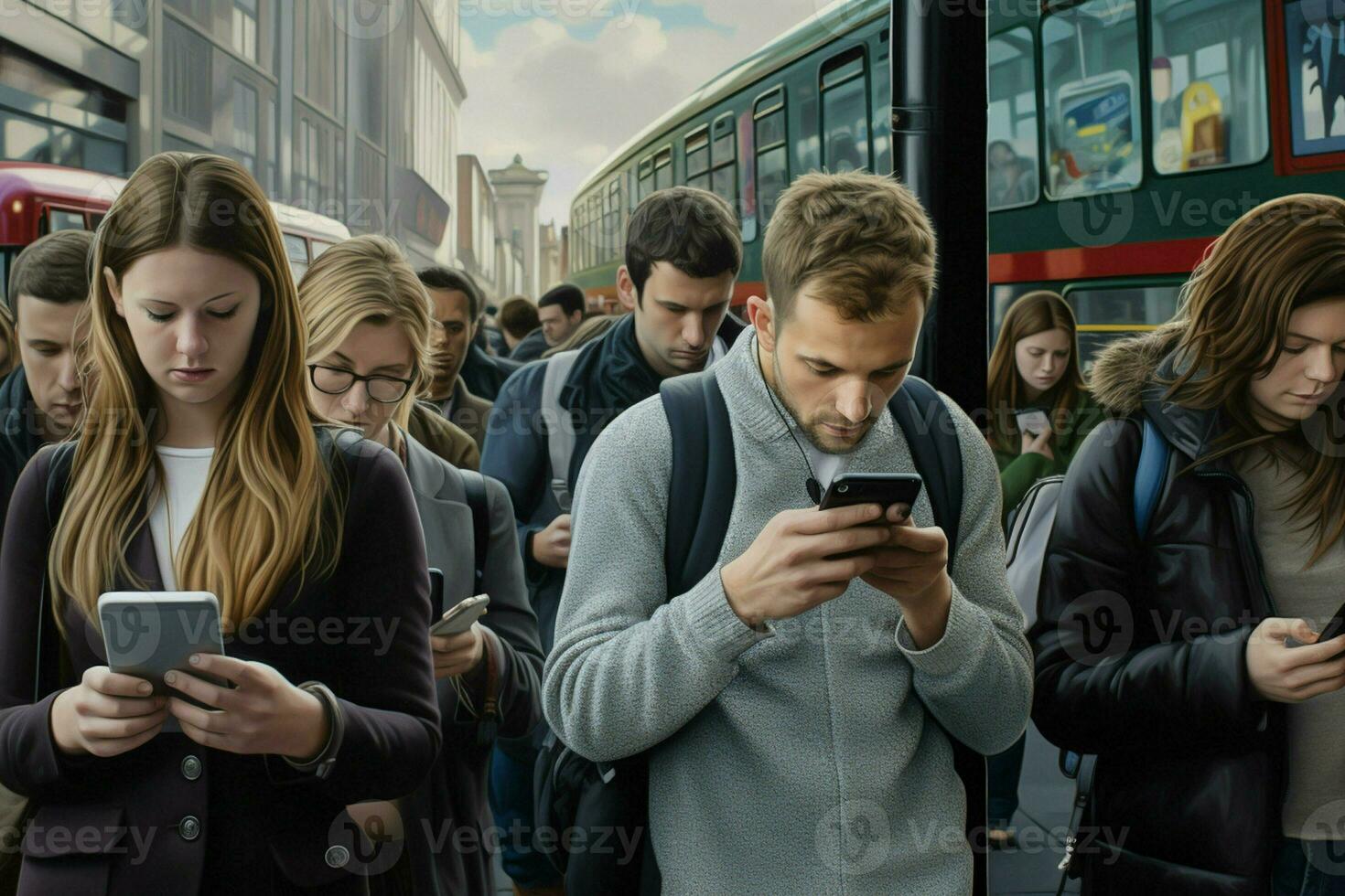 groupe de Jeune gens en utilisant leur les smartphones dans le rue. Urbain scène. ai généré pro photo