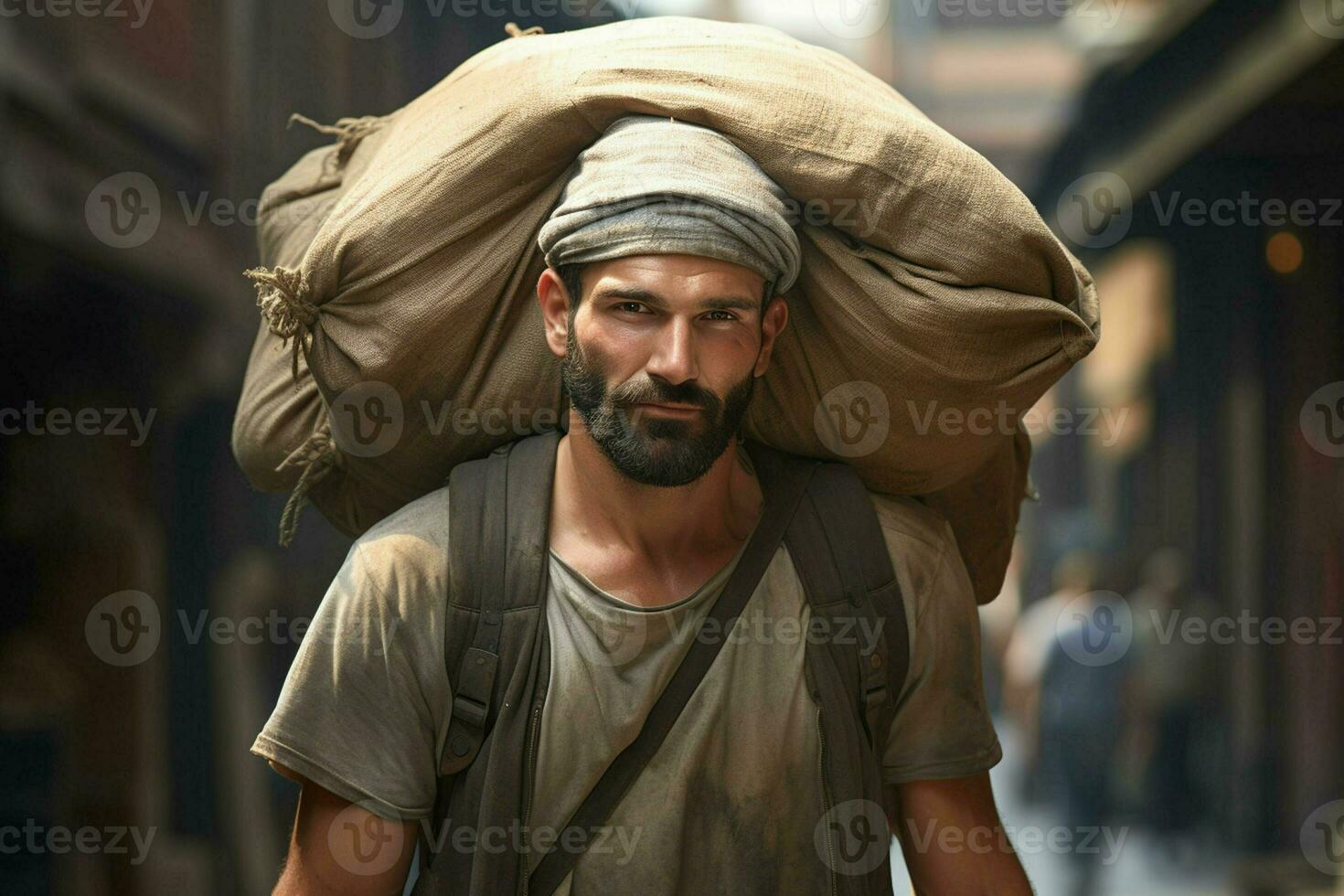 portrait de une Jeune journée ouvrier porter une lourd sac sur le sien diriger. ai généré pro photo