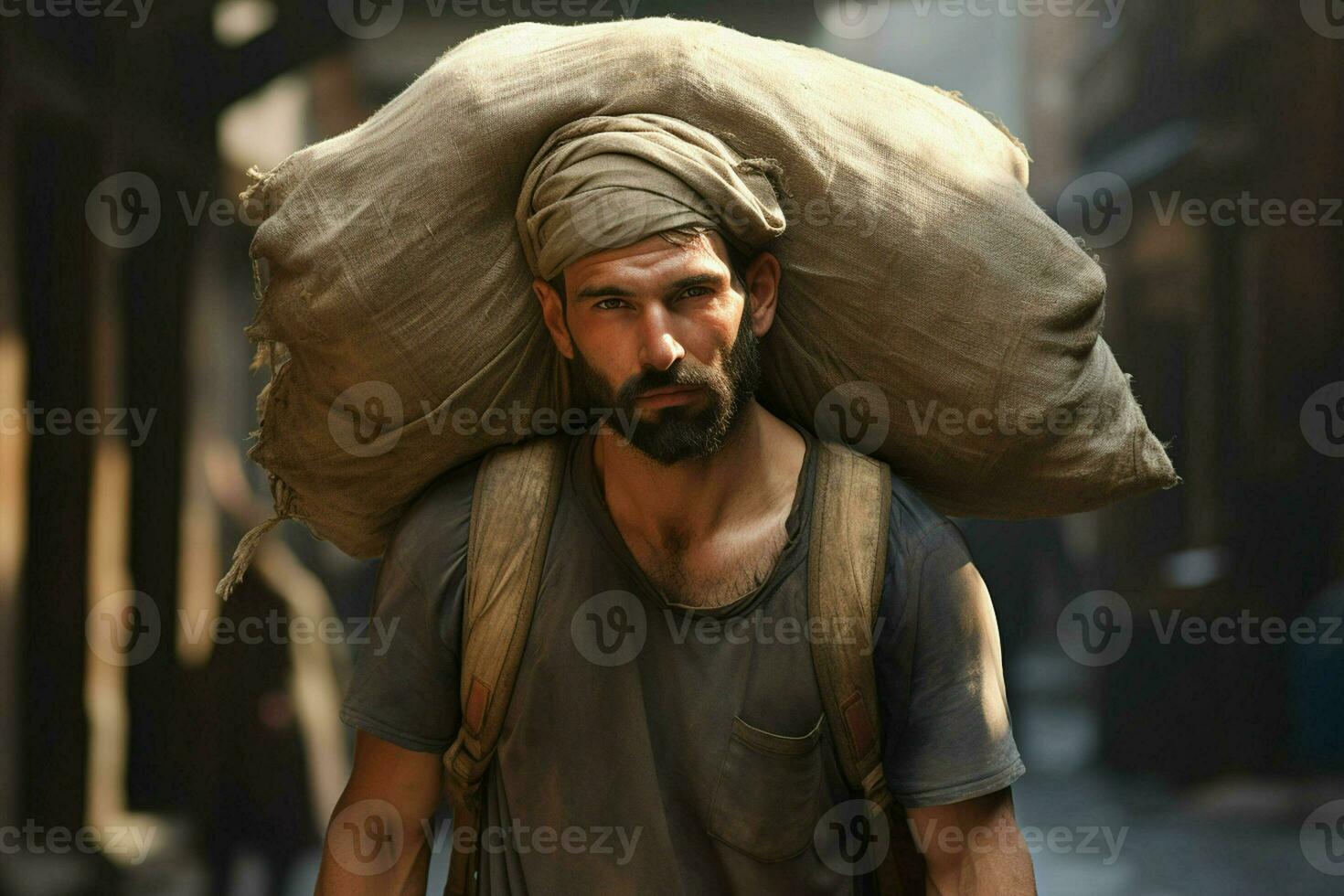 portrait de une Jeune journée ouvrier porter une lourd sac sur le sien diriger. ai généré pro photo