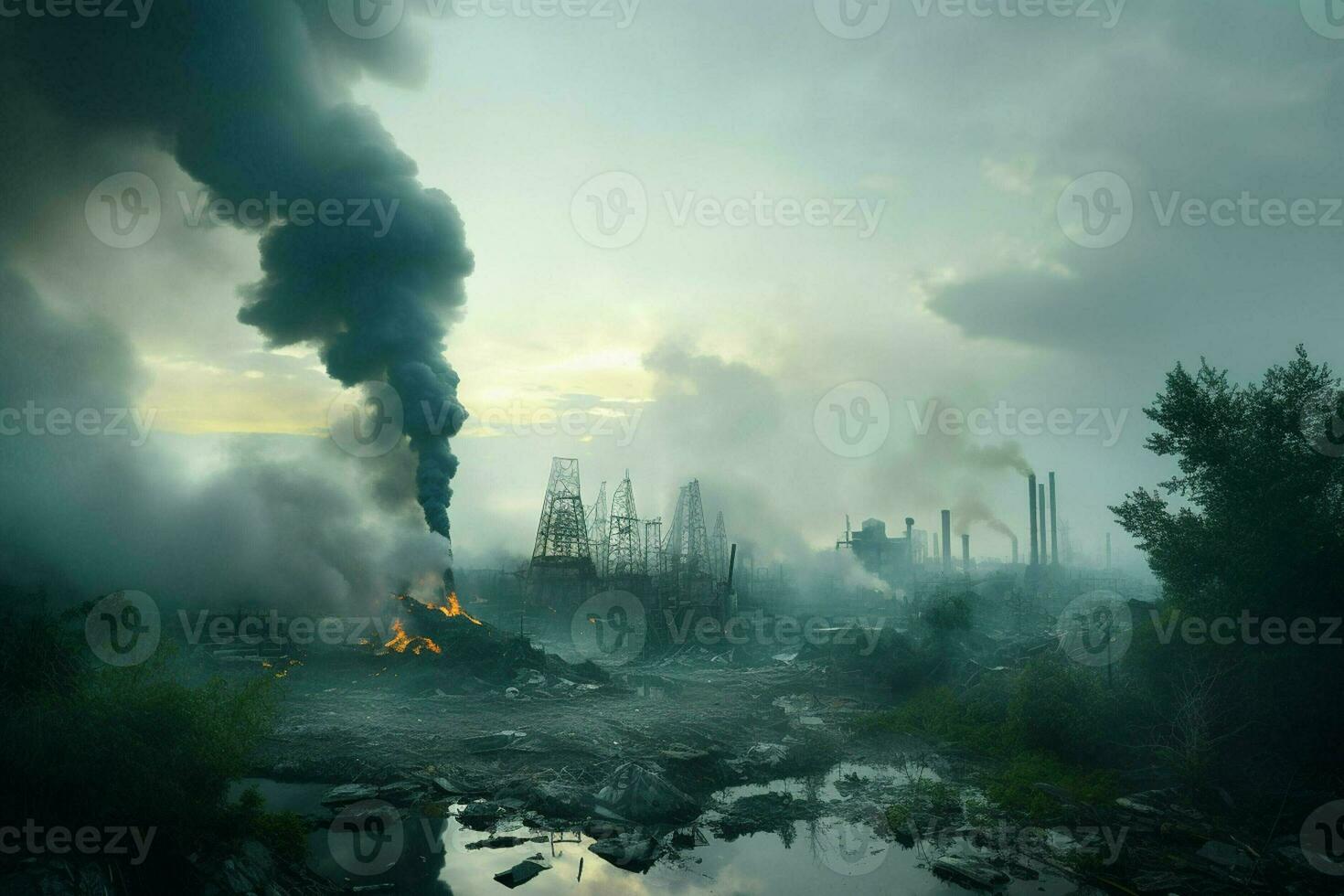 industriel fumée en hausse de le cheminées de un pétrole raffinerie. la pollution de le environnement. global chauffage concept. ai généré pro photo