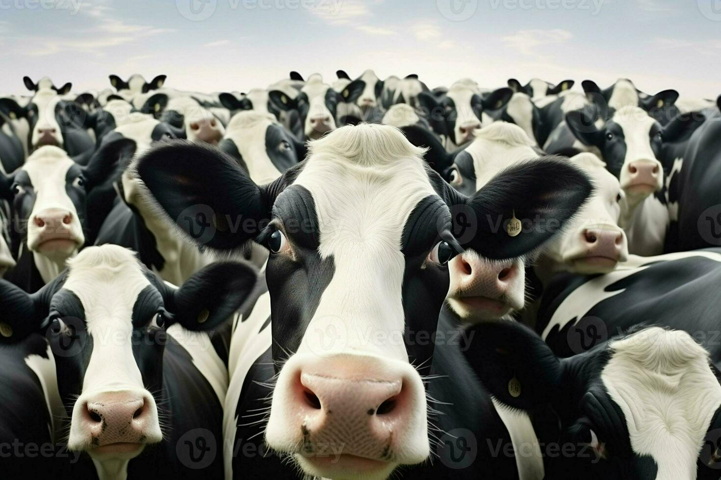 troupeau de noir et blanc vaches dans une rangée sur une cultiver. troupeau de vaches dans une Prairie sur une ensoleillé journée. ai généré pro photo