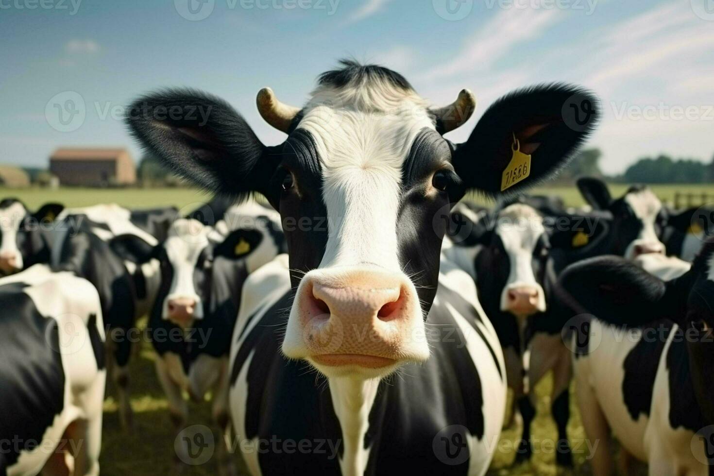 troupeau de noir et blanc vaches dans une rangée sur une cultiver. troupeau de vaches dans une Prairie sur une ensoleillé journée. ai généré pro photo