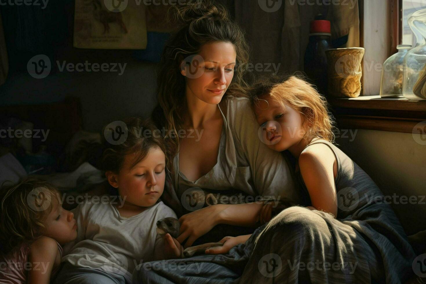 mère avec deux les enfants en train de dormir dans lit à maison. le concept de famille des relations. ai généré pro photo