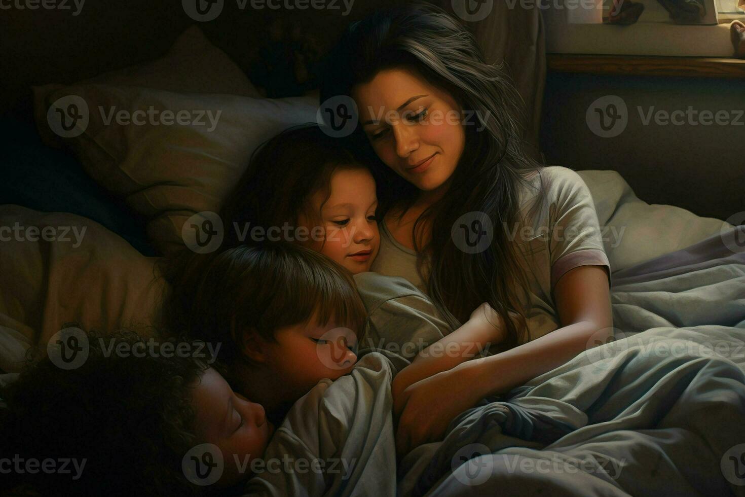 mère avec deux les enfants en train de dormir dans lit à maison. le concept de famille des relations. ai généré pro photo