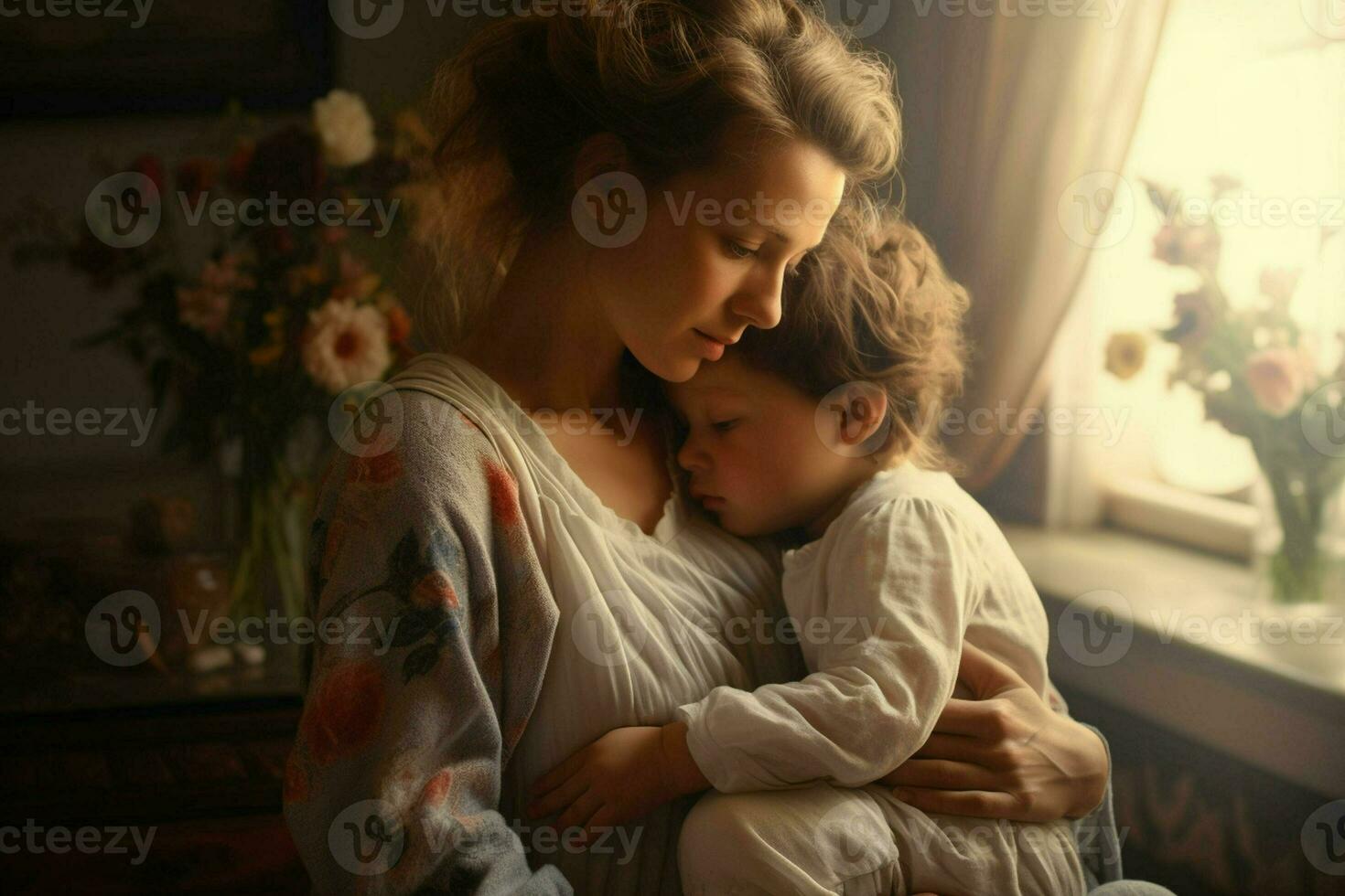 mère avec deux les enfants en train de dormir dans lit à maison. le concept de famille des relations. ai généré pro photo