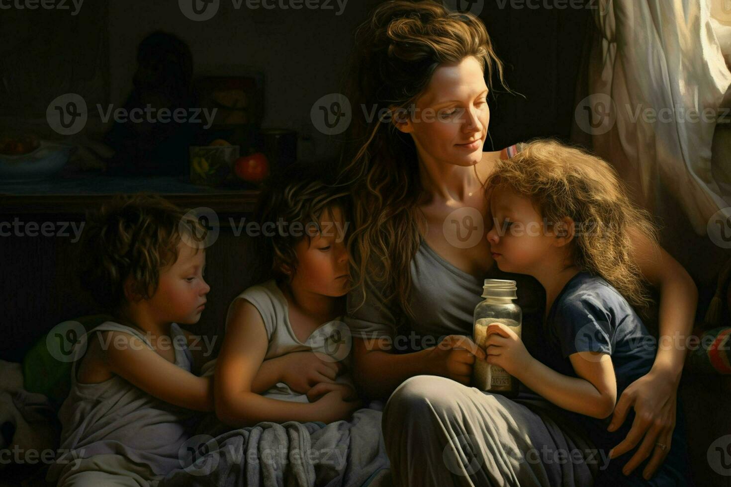 mère avec deux les enfants en train de dormir dans lit à maison. le concept de famille des relations. ai généré pro photo