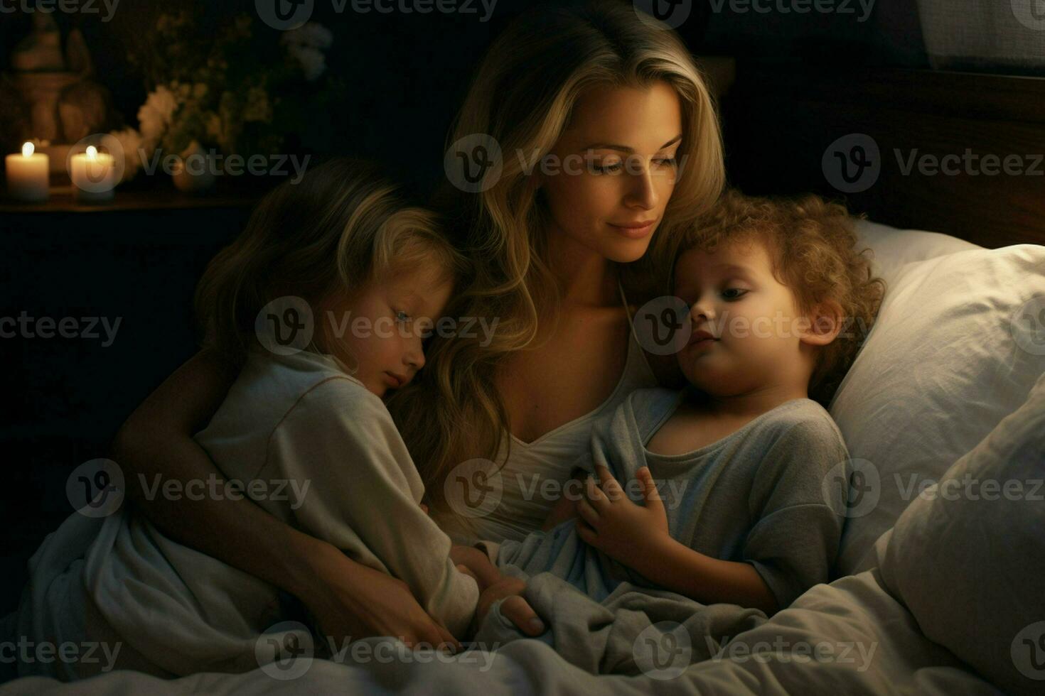 mère avec deux les enfants en train de dormir dans lit à maison. le concept de famille des relations. ai généré pro photo