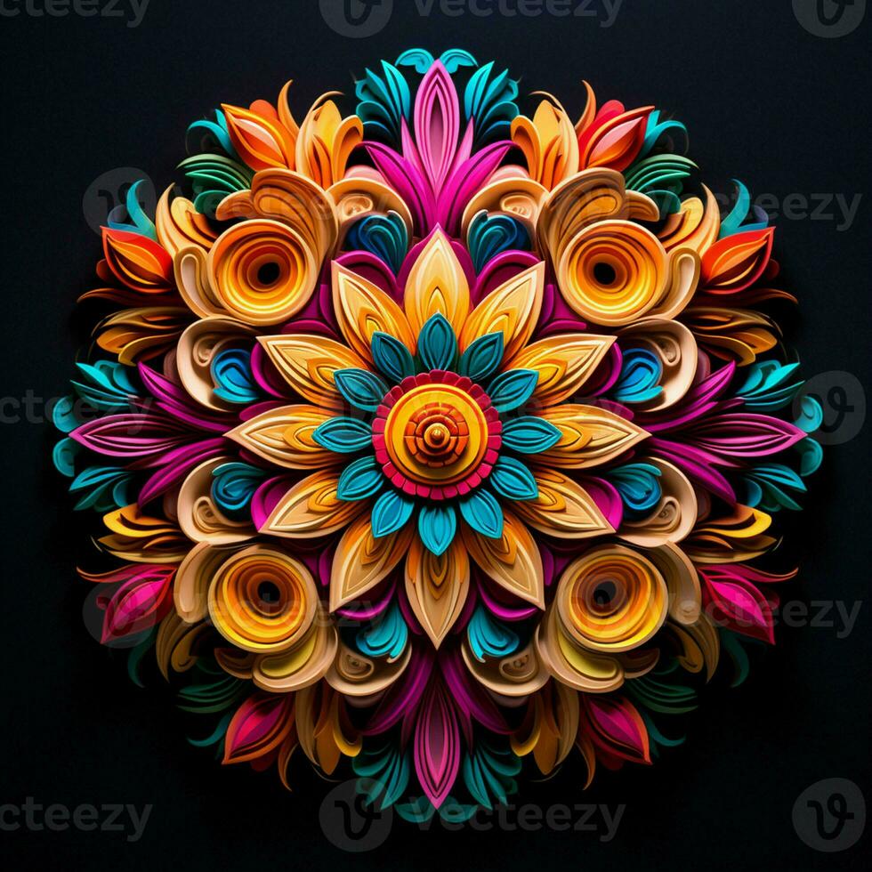 magnifique mandala fleur, coloré fractale mandala sur noir Contexte. psychédélique numérique art. 3d le rendu. ai généré pro photo