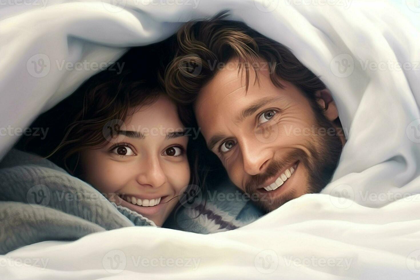 Jeune couple dans lit. content Jeune couple mensonge dans lit et à la recherche à caméra. ai généré pro photo