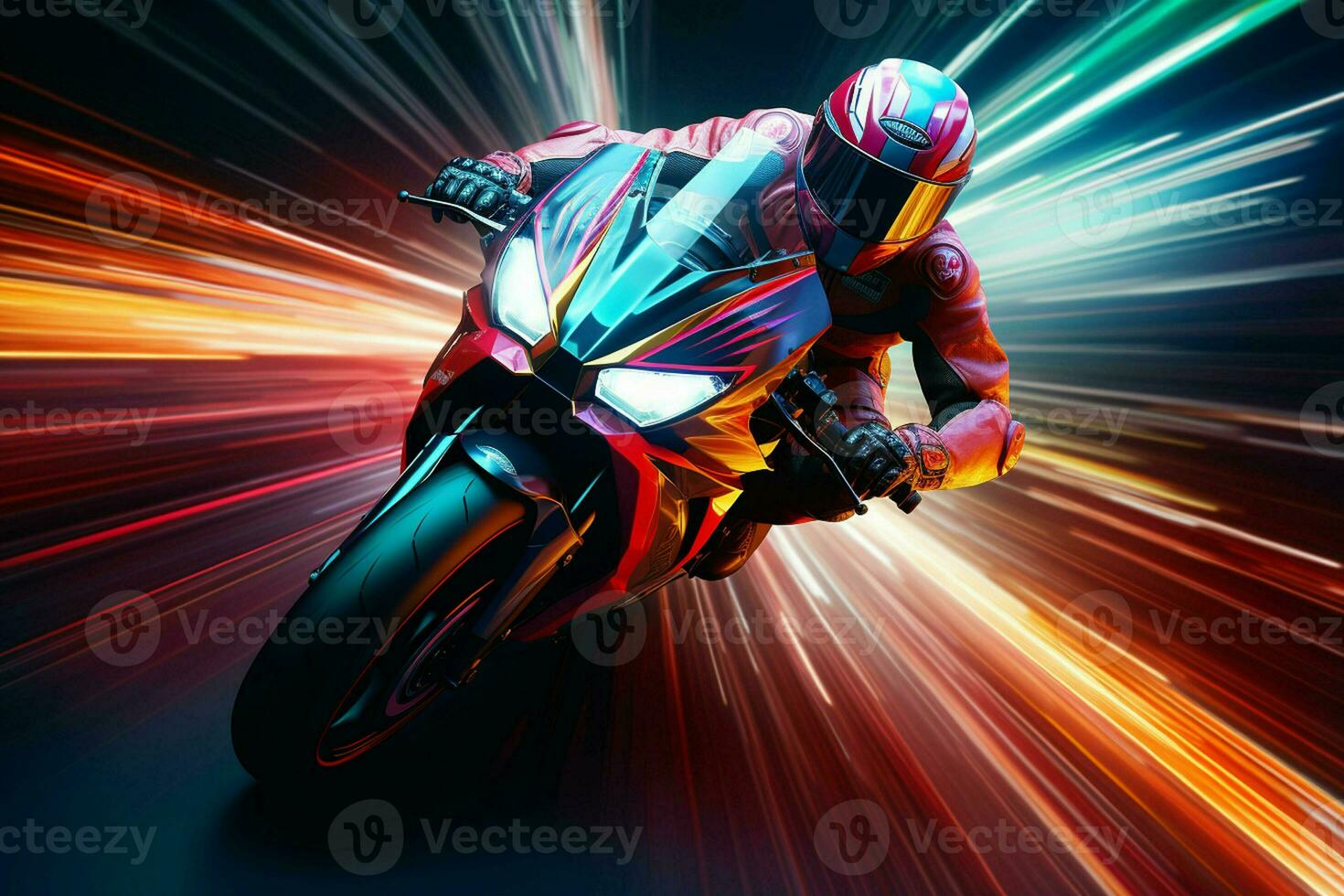 moto cavalier dans action sur le course piste. 3d le rendu. ai généré pro photo