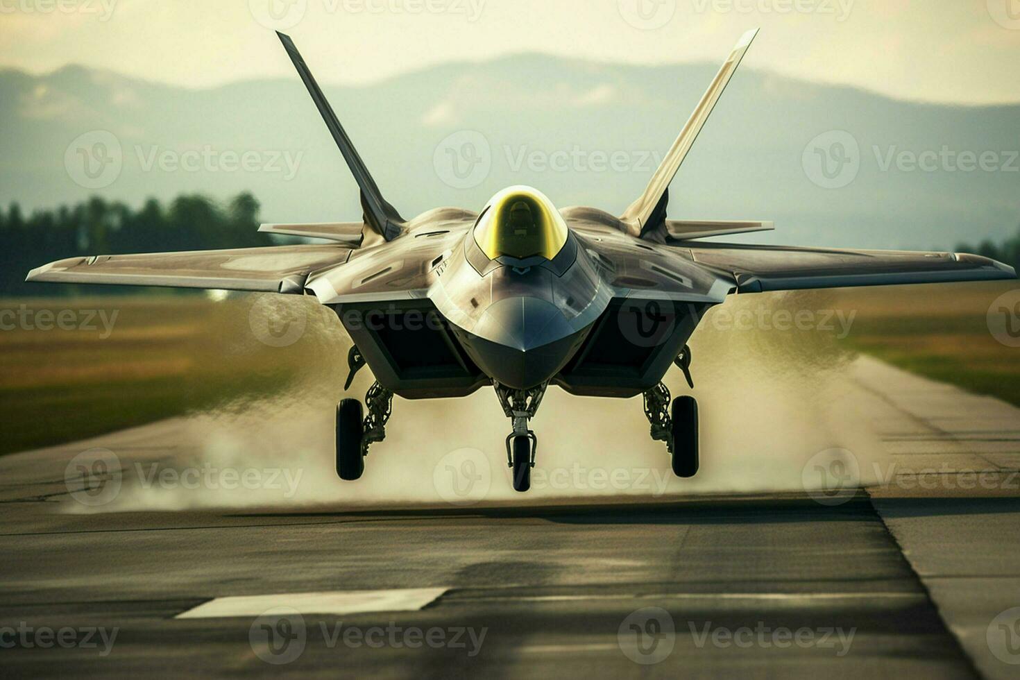 militaire combattant jet sur le piste de un aérodrome. 3d le rendu. ai généré pro photo