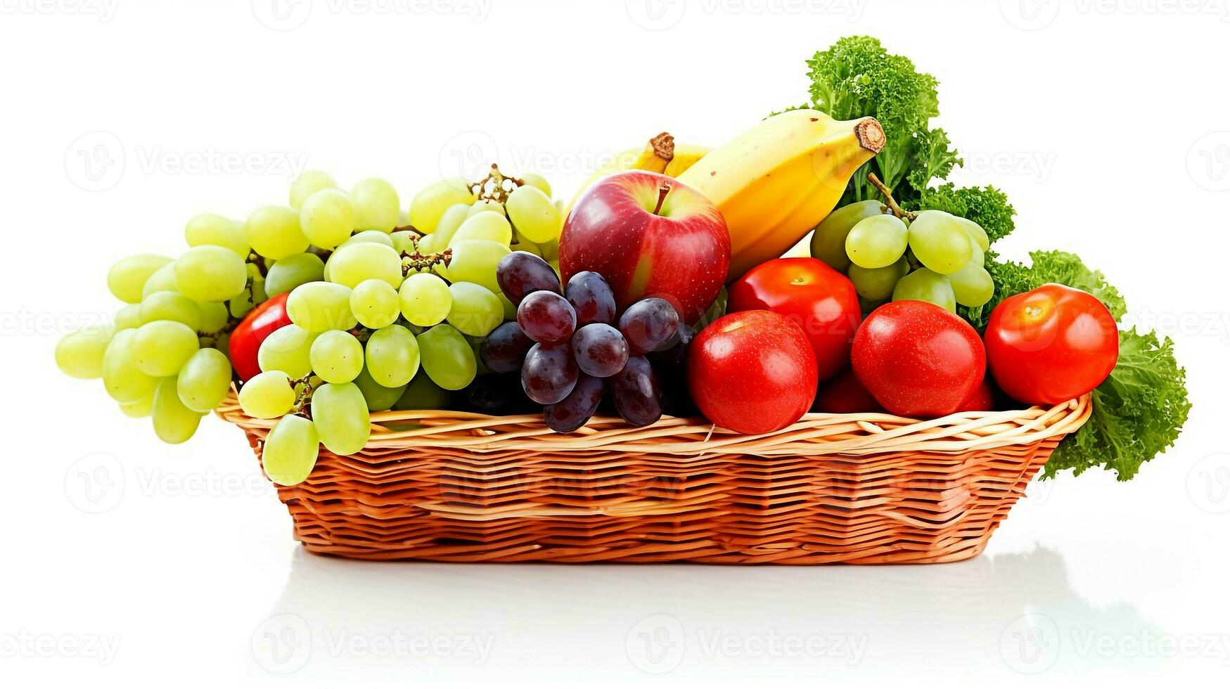 ensemble de fruit et légume panier contenant les raisins mangue carottes Pomme bananes et tomates sur blanc Contexte .génératif ai. photo