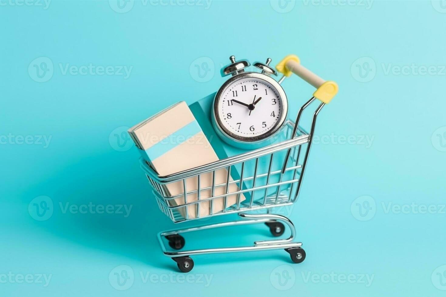achats Chariot avec Remarque livre papier, horloge, cadeau boîte, sur pastel bleu arrière-plan.génératif ai. photo