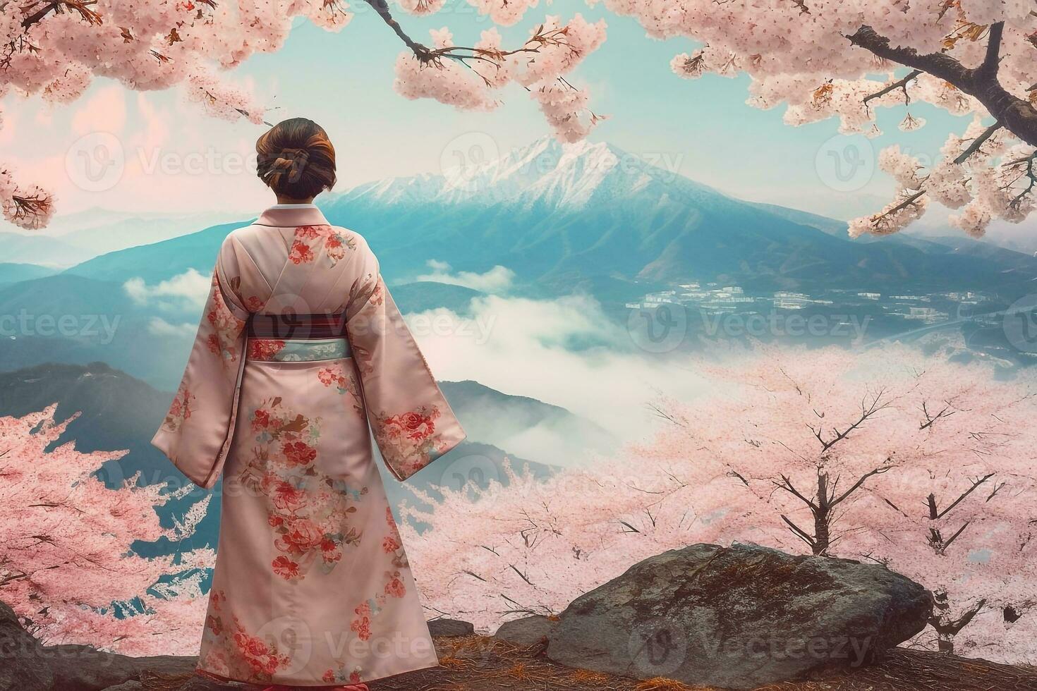 femme portant une kimono avec Cerise fleurs et Fuji montagne.générative ai. photo