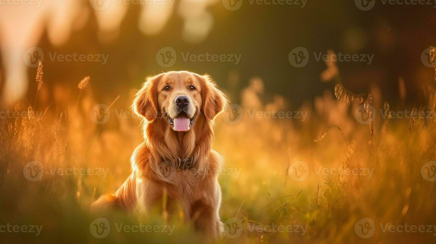 d'or retriever séance sur Prairie avec coucher de soleil.génératif ai. photo