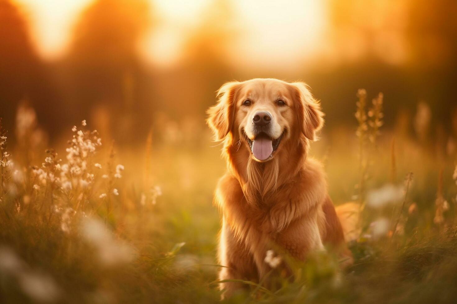 d'or retriever séance sur Prairie avec coucher de soleil.génératif ai. photo