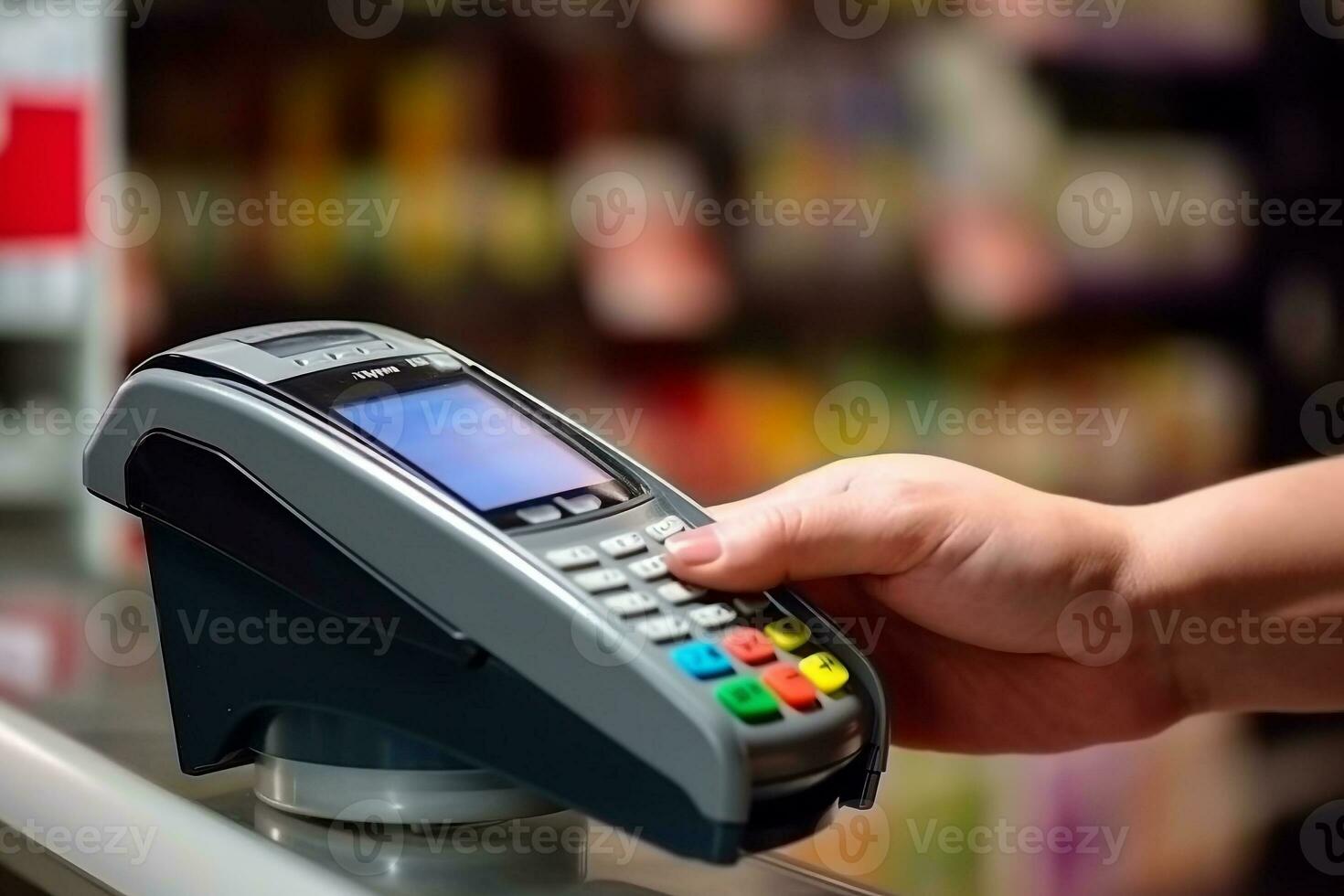 main en portant crédit carte Paiement machine dans le supermarché.génératif ai. photo