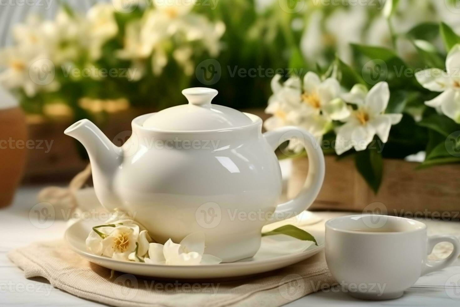 Tasse En Verre De Thé Vert Avec Des Fleurs De Jasmin Dans Une Main Sur Un  Buisson En Fleurs Banque D'Images et Photos Libres De Droits. Image  122771454