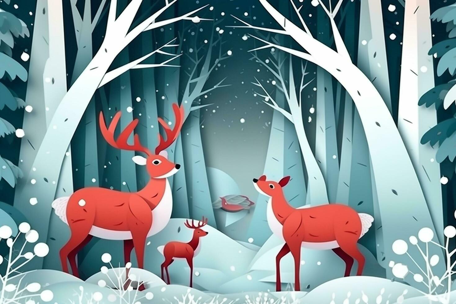 Noël renne dans forêt avec hiver neige, papier Couper style . photo