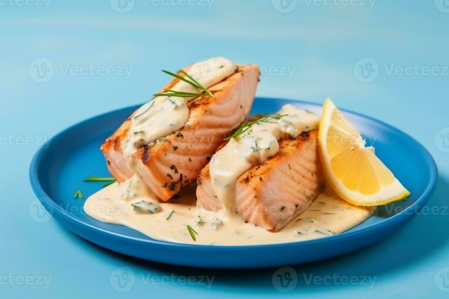 grillé Saumon avec crème sauce et persil sur une blanc plaque. Saumon filet  avec cuit patates. génératif ai 23594441 Photo de stock chez Vecteezy