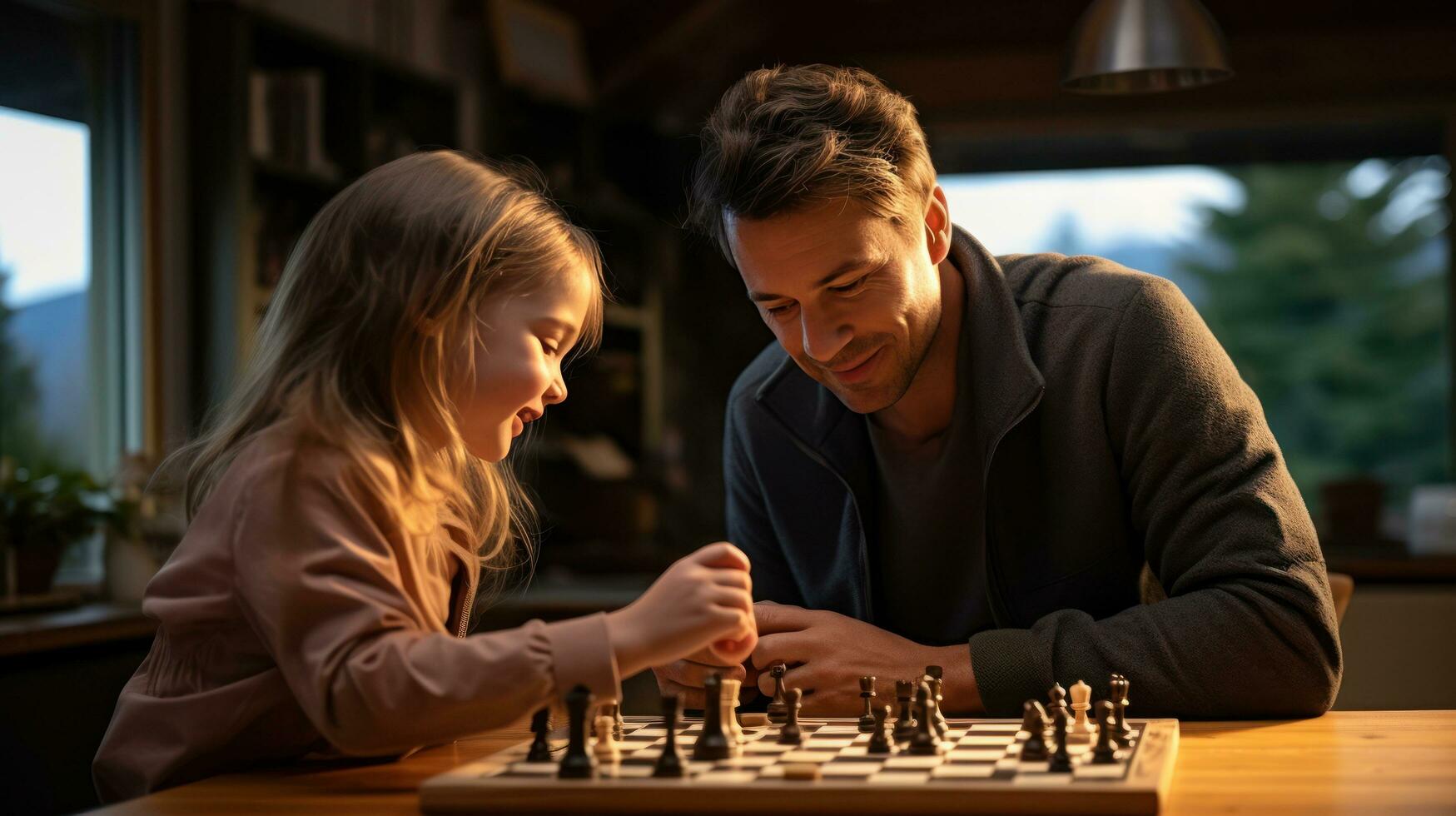 papa et enfant en jouant échecs photo