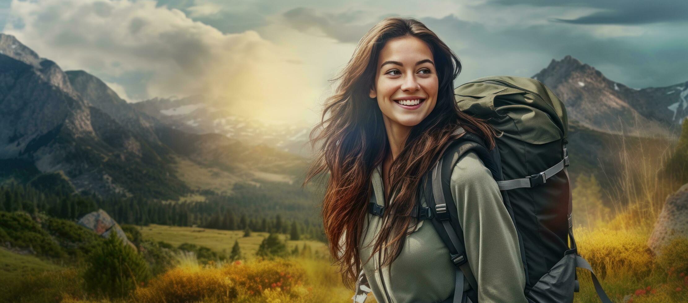 femme dans le montagnes avec sac à dos photo