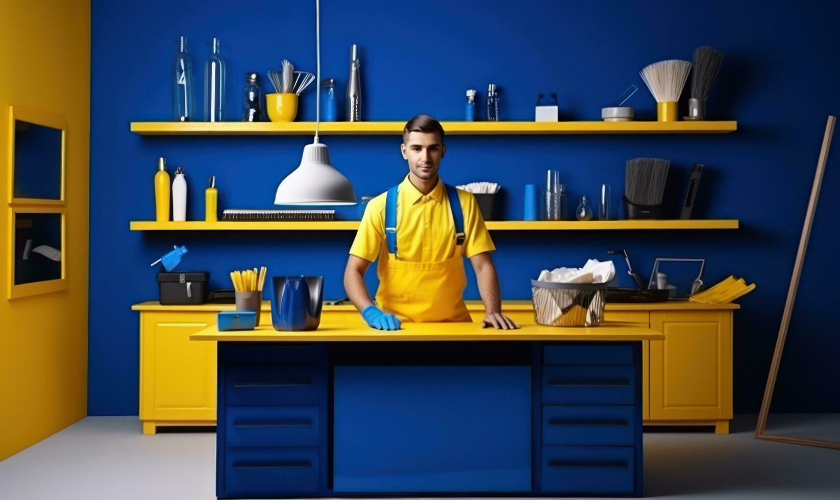 travail Bureau Personnel avec une nettoyage dans bleu uniformes. photo