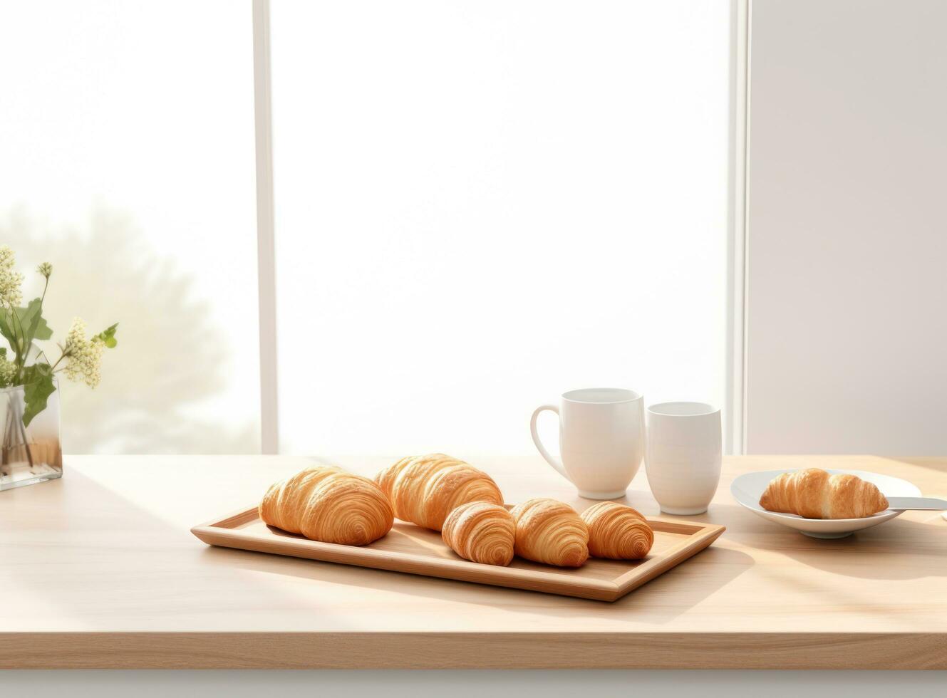 lumière petit déjeuner Contexte avec des croissants photo