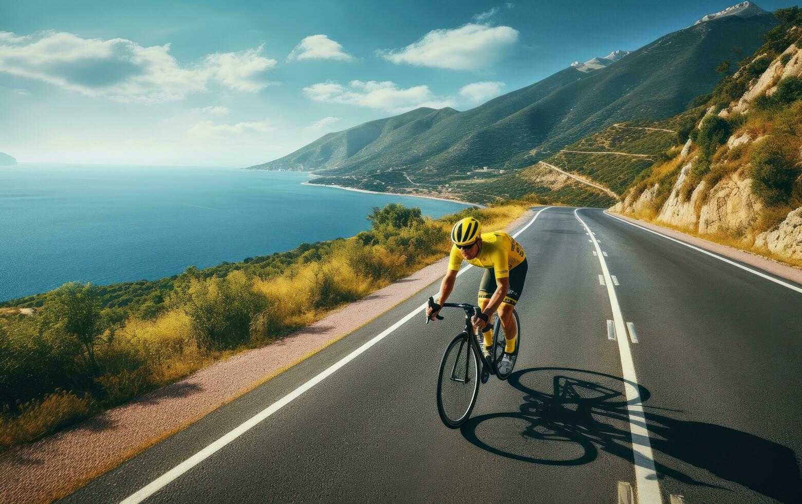 cycliste équitation vers le bas le route photo