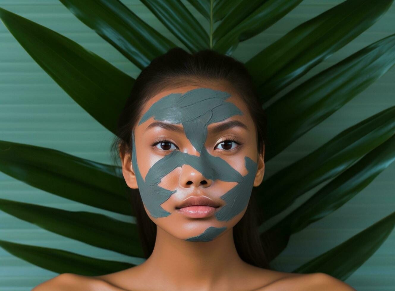 une Jeune femme en portant une grand feuille derrière sa tête photo