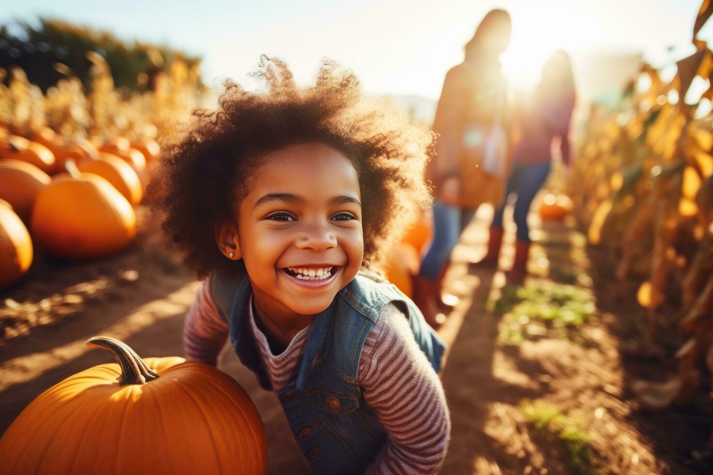 des familles avoir amusement par cueillette citrouilles à le citrouille pièce photo