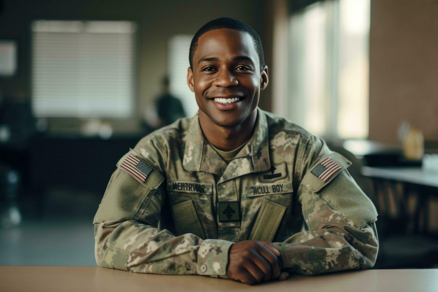 une Jeune noir homme dans une militaire uniforme est souriant et posant pour une photo
