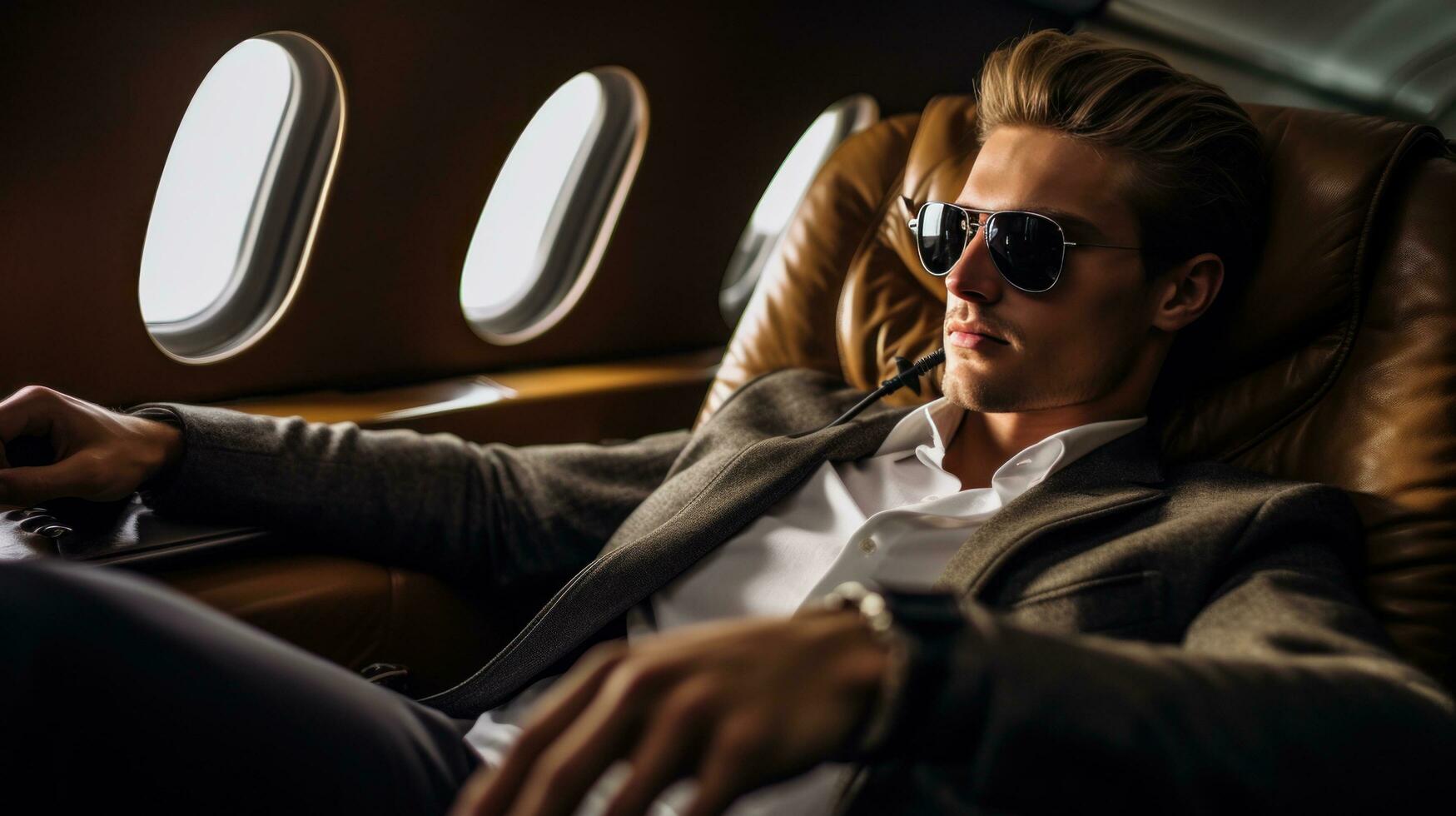 un Beau homme d'affaire se détend sur une avion photo