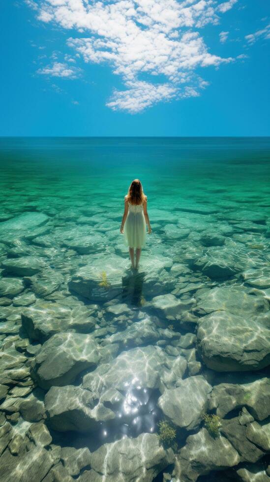 femme flottant dans cristal clair l'eau photo