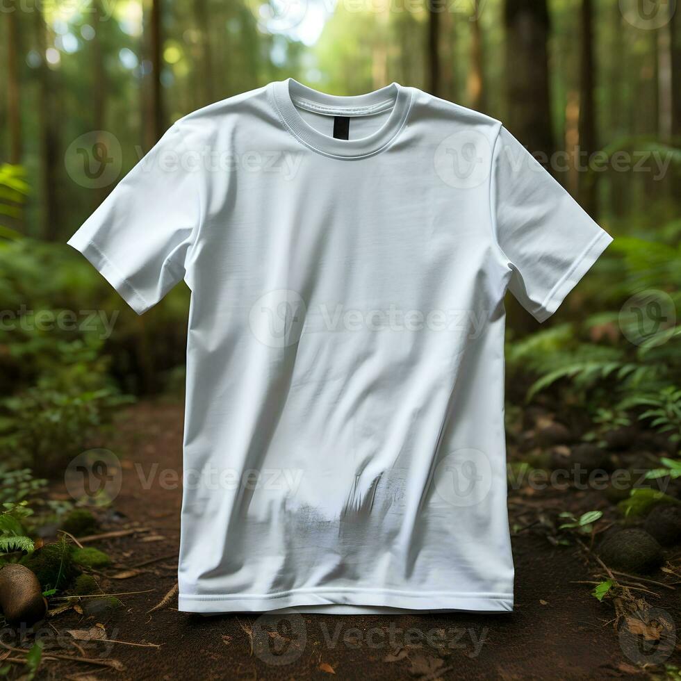 T-shirt maquette avec la nature thème blanc tee contre forêt toile de fond, ai généré photo