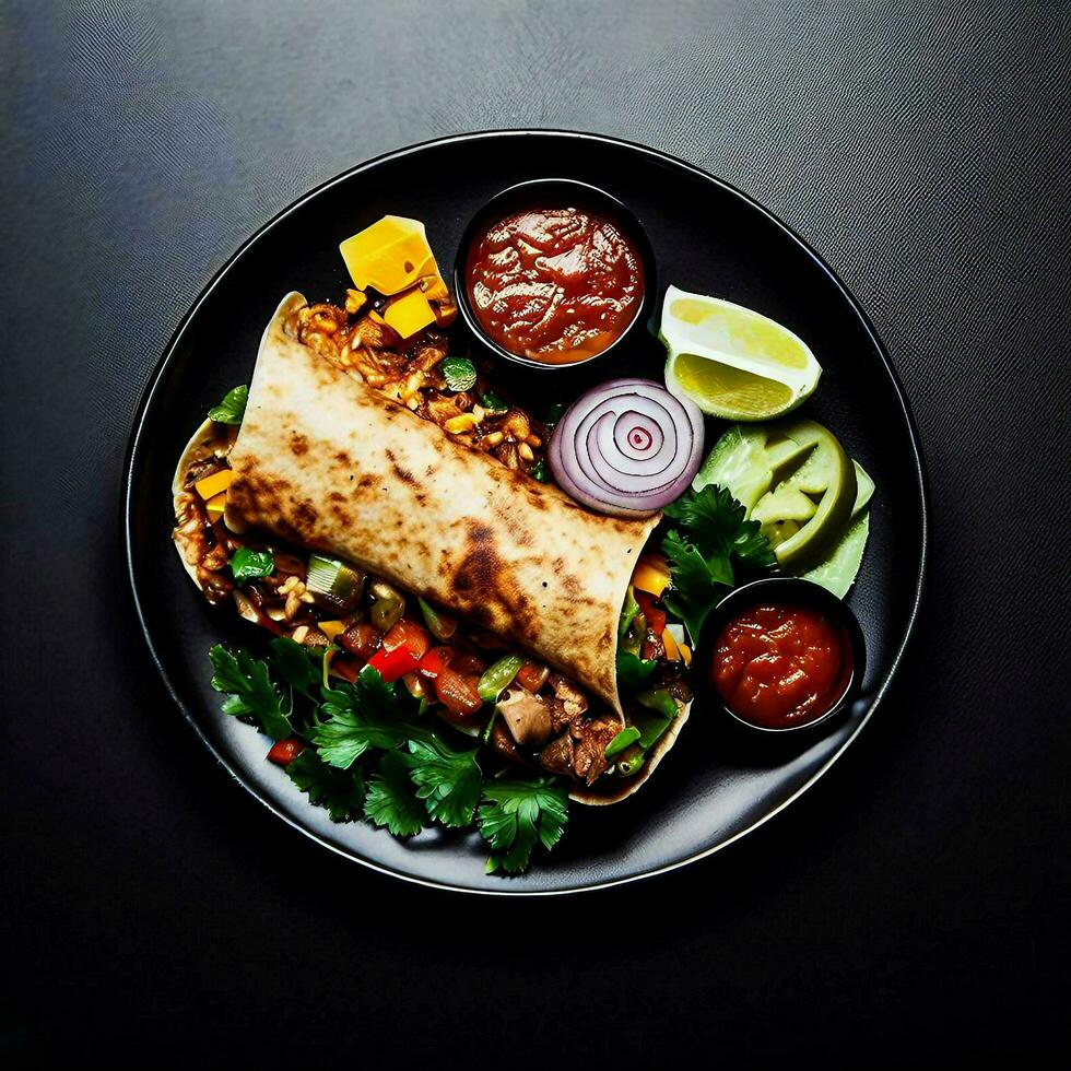 une assiette de burrito sur noir arrière-plan, Haut voir, ai génératif photo