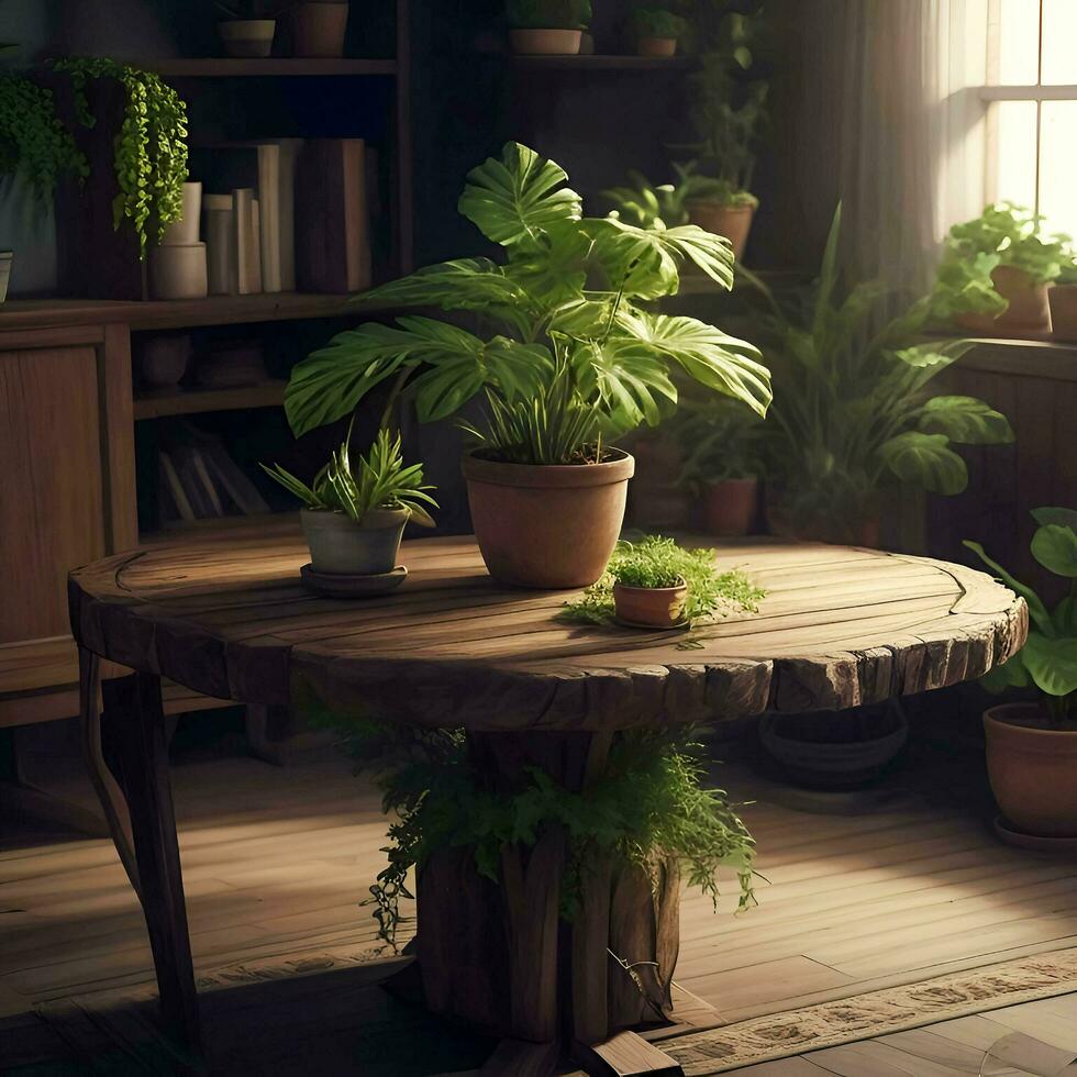 professionnel la photographie de une plante séance sur Haut de une en bois table dans une chambre, ai génératif photo