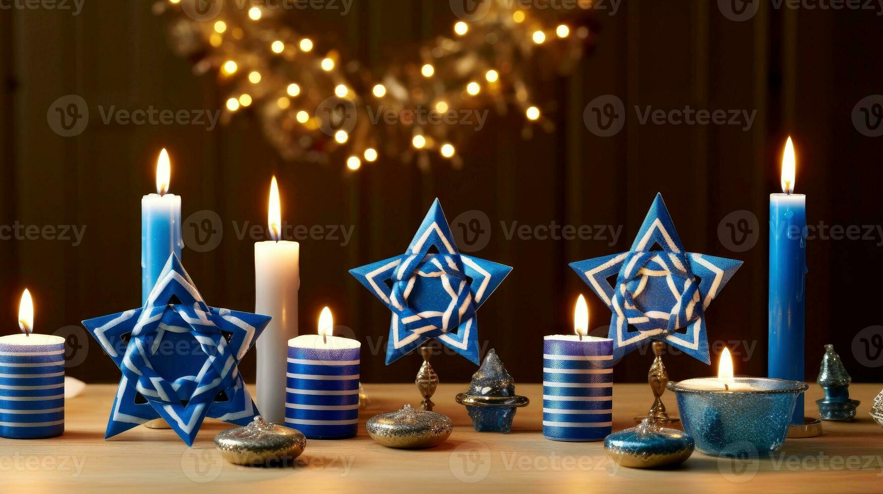 Hanoukka de fête fête concept, lueur de le menorah avec brillant bougies et étoile, génératif ai illustration photo