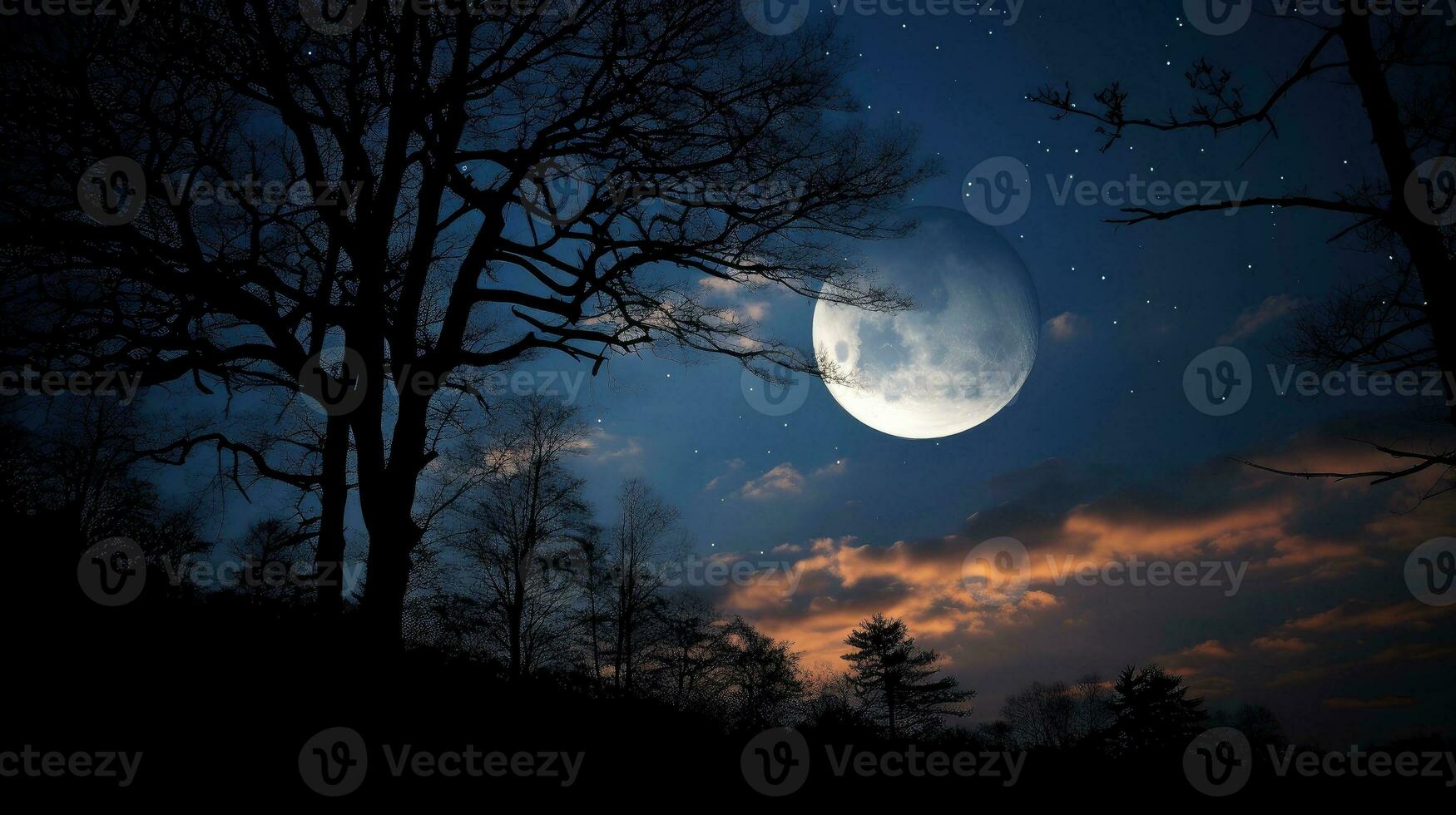 paysage avec lune dans nuit temps. nuit ciel avec étoiles et silhouette photographe prendre photo sur le montagne, génératif ai illustration