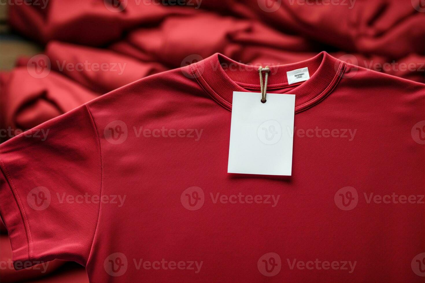une rouge chemise avec une blanc étiquette attaché à il ai généré photo