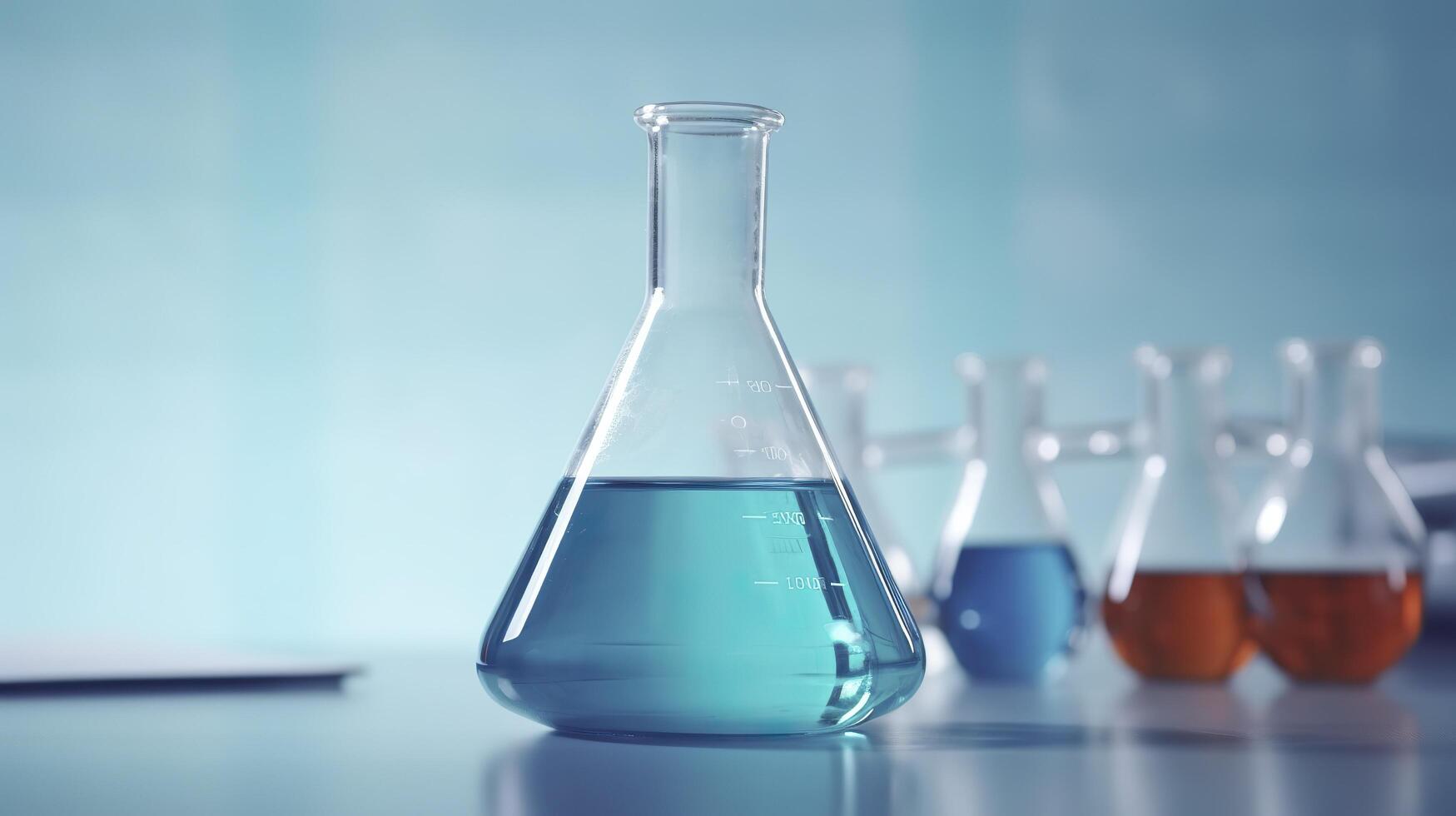 une science gobelet dans le laboratoire sur une table blanc et lumière bleu Contexte. laboratoire équipement en dehors de se concentrer. ai génératif photo