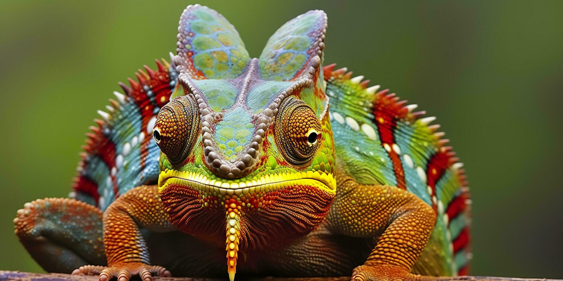 une coloré proche en haut caméléon avec une haute crête sur ses diriger. génératif ai photo