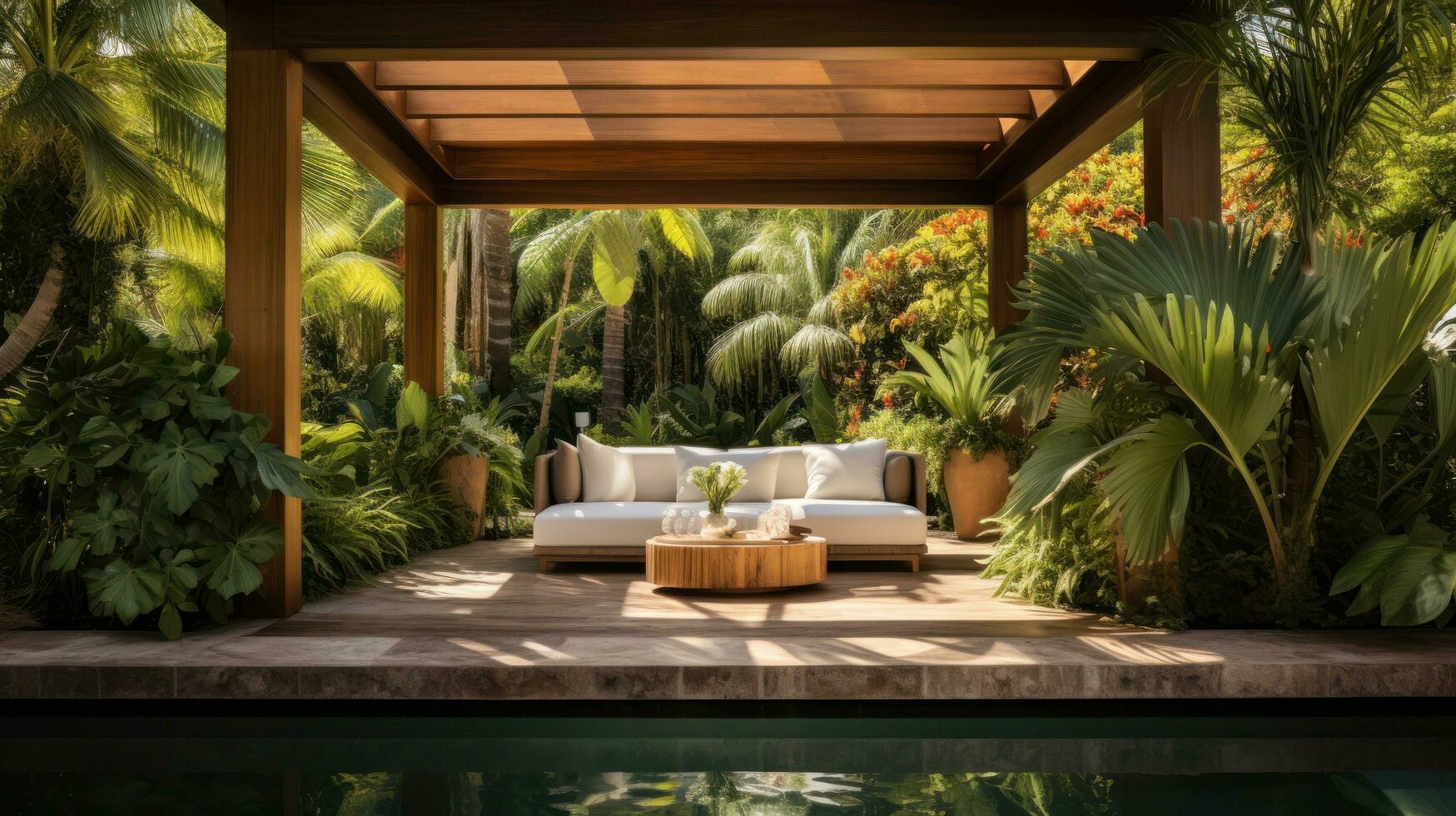 élégant au bord de la piscine cabanas avec luxuriant tropical feuillage. photo