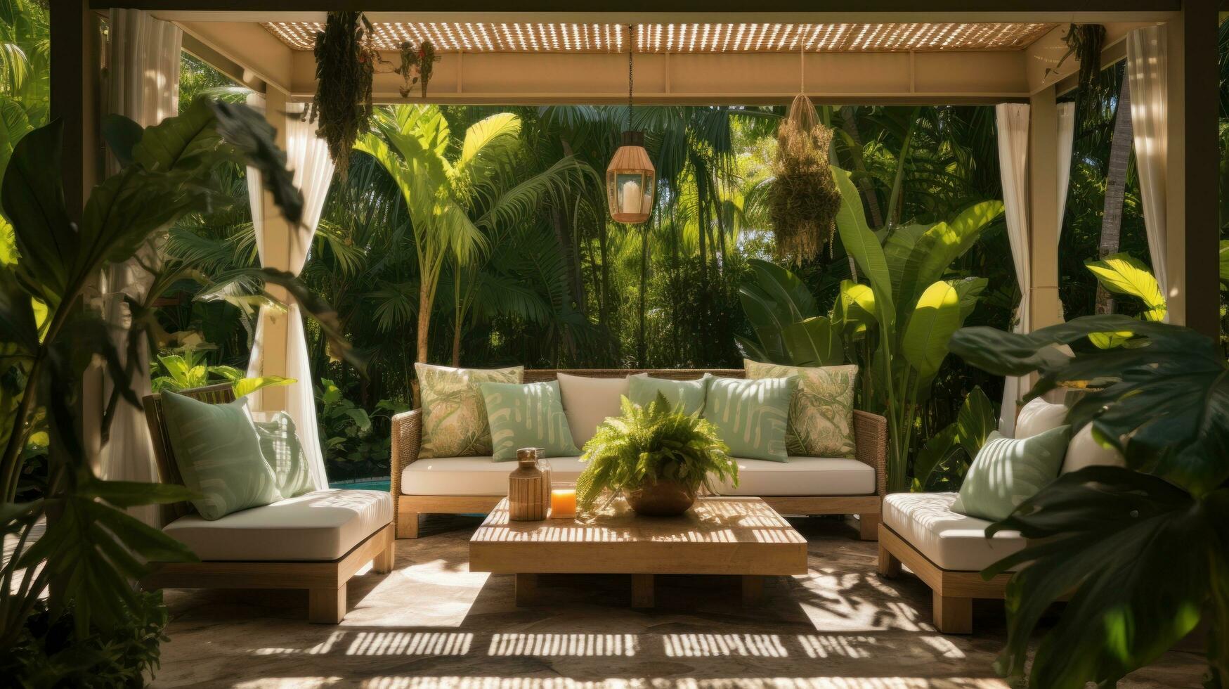 élégant au bord de la piscine cabanas avec luxuriant tropical feuillage. photo