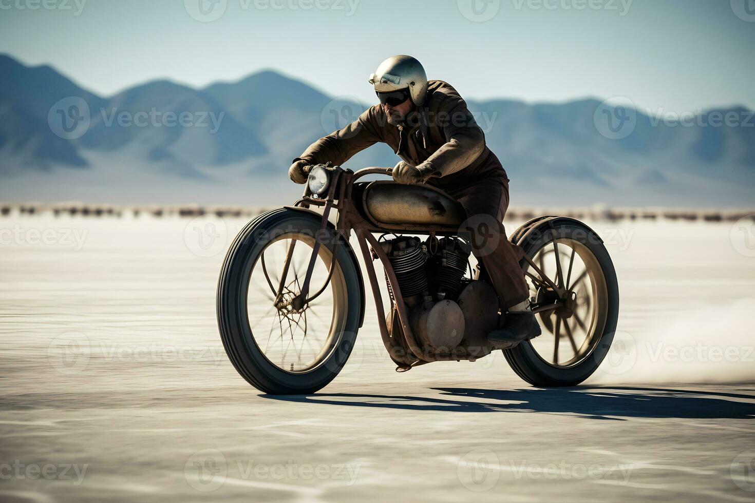 motocycliste équitation par uyuni sel plat désert. neural réseau ai généré photo