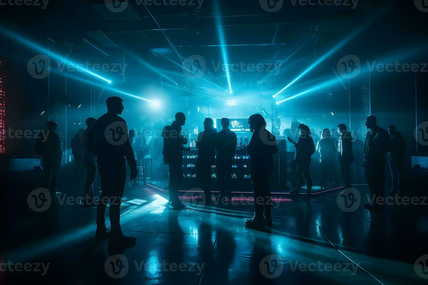 silhouette dans délirer nuit club en dessous de bleu des rayons poutres profiter à concert. neural réseau ai généré photo
