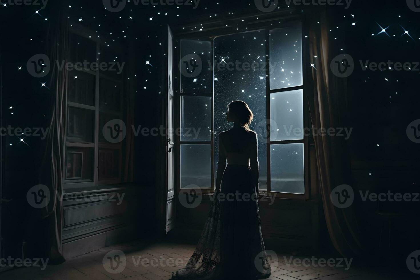 rêveur fantaisie Princesse regards à le nuit ciel et étoiles. neural réseau ai généré photo