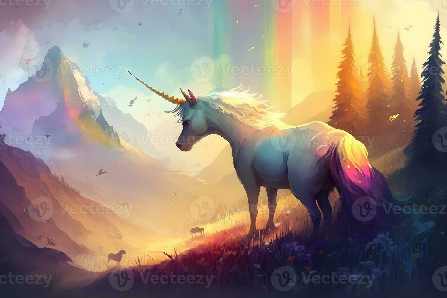 la magie Licorne dans fantastique monde avec duveteux des nuages et Fée prairies. neural réseau généré art photo