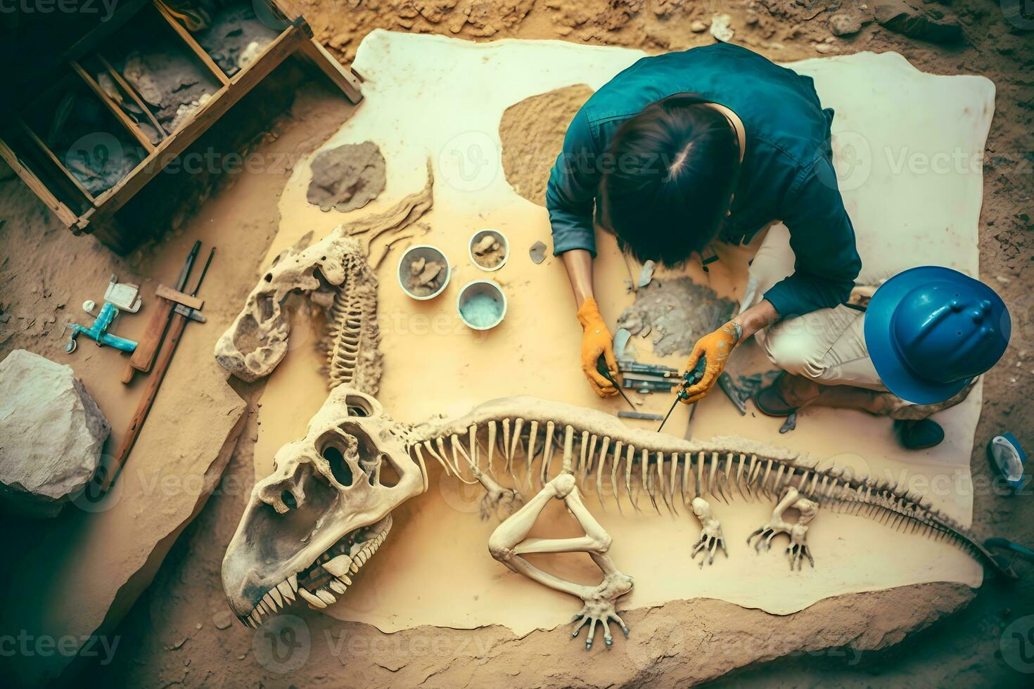 archéologue travaux sur un archéologique site avec dinosaure squelette dans mur pierre fossile tyrannosaure fouilles. neural réseau ai généré photo