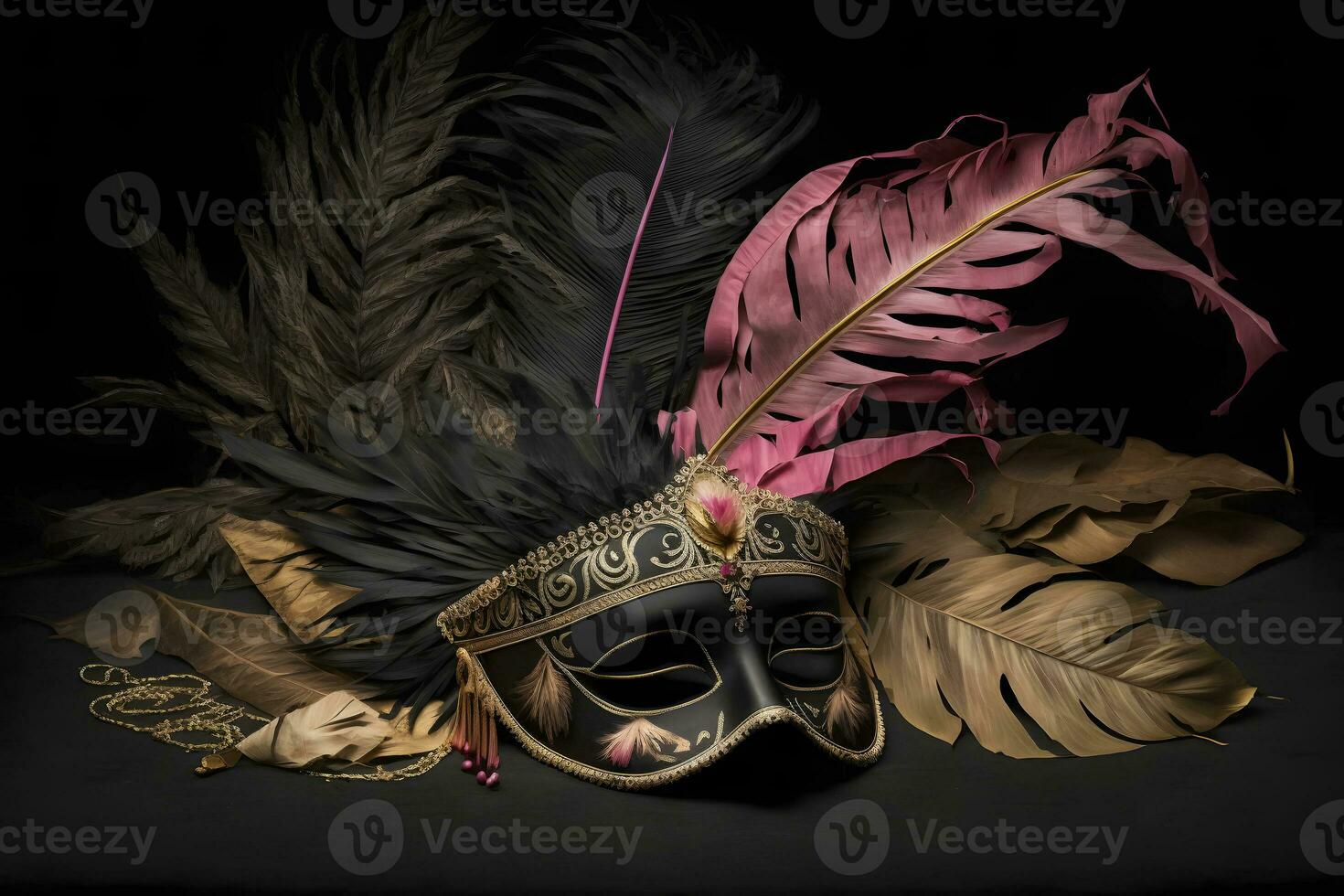 carnaval temps. vénitien masque avec plumes sur noir arrière-plan, neural réseau ai généré photo